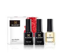 Bluesky Gel Nail Base Coat, Top Coat and Cuticle Oil Set, 3 x 5ml | Grips colour to the nail plate, seals it under a high shine, then a sweet almond blend keeps the skin around it soft.