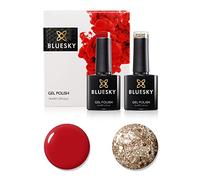 Bluesky Gel Nail Polish Set, Anniversary Set 6, DC02, 63916, 2x10ml | Siren Red for the base and Gold Button sparkle over the tips, a classic festive pairing in two full-size bottles.