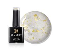 Bluesky No Wipe Flower Top Coat 10ml, Clear Gel with Gold Flakes | White and metallic petals settle over any colour beneath, turning a plain manicure into nail art with no sticky layer.