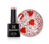 Bluesky No Wipe Top Coat 10ml, Queen of Hearts, Clear with Red Glitter | Tiny heart pieces suspended in the seal, cured to a high gloss with no tacky layer to buff away at the end.