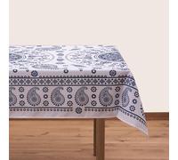BlueTabla - Blue Tablecloth with Traditional Georgian Ornaments - Kala (White) - 83x55, non-iron Polyester Fabric