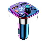 Bluetooth 5.0 FM Transmitter Car Charger with 20W Fast Charge PD3.1A and QC3.0 Dual USB Ports AI Voice Control 7 Colour LED Ambient Light Hands Free Calling Noise Cancelling Mic FM Radio Adapter