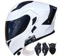 Bluetooth Flip-Up Motorcycle Helmet ECE R22.06 DOT | Dual Tinted Sun Visor, Clear Anti-Fog Visor, Bluetooth Headset, Pinlock Ready Reduce Noise Gloves Face Mask