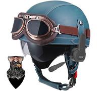 Bluetooth German Style Leather Motorcycle Half Face Helmet, DOT Approved Retro Open Face Helmet with Goggles Street Motorcycle Half Helmet for Cruiser Scooter Touring, Pilot Helmet