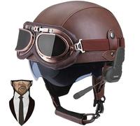 Bluetooth German Style Leather Motorcycle Half Face Helmet, DOT Approved Retro Open Face Helmet with Goggles Street Motorcycle Half Helmet for Cruiser Scooter Touring, Pilot Helmet