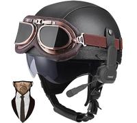 Bluetooth German Style Leather Motorcycle Half Face Helmet, DOT Approved Retro Open Face Helmet with Goggles Street Motorcycle Half Helmet for Cruiser Scooter Touring, Pilot Helmet