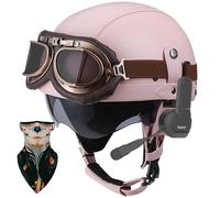 Bluetooth German Style Leather Motorcycle Half Face Helmet, DOT Approved Retro Open Face Helmet with Goggles Street Motorcycle Half Helmet for Cruiser Scooter Touring, Pilot Helmet