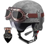 Bluetooth German Style Leather Motorcycle Half Face Helmet, DOT Approved Retro Open Face Helmet with Goggles Street Motorcycle Half Helmet for Cruiser Scooter Touring, Pilot Helmet