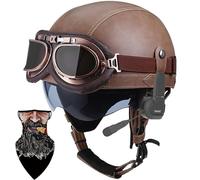 Bluetooth German Style Leather Motorcycle Half Face Helmet, DOT Approved Retro Open Face Helmet with Goggles Street Motorcycle Half Helmet for Cruiser Scooter Touring, Pilot Helmet