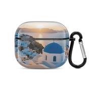 Bluetooth Headset Case Blue And White Buildings And Sea Views Printed Case Shockproof PC Hard Shell Full Coverage Compatible with Wireless Charging And Airpods (3rd Generation) with Safety Buckle