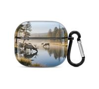 Bluetooth Headset Case Elk Drinking Water by The River Printed Case Shockproof PC Hard Shell Full Coverage Compatible with Wireless Charging And Airpods (3rd Generation) with Safety Buckle