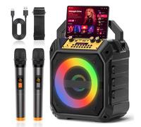 Bluetooth Karaoke Machine, Portable Karaoke with 2 Wireless Microphones, Karaoke Speaker for Adults Kids Gifts, TF/USB/AUX, with DJ Lights for Outdoor Parties, Backyard Fun (Black)