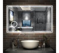 Bluetooth LED Bathroom Mirror with Lights, Magnifying 1200x700mm Bathroom Mirrors with Dimmable 3 Colors, Demister Pad, Anti-fog, Clock, Illuminated Wall Mounted Vanity Mirror Horizontal/Vertical
