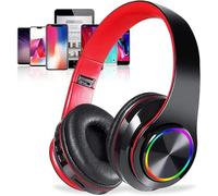 Bluetooth Over Ear Headphones, LED Lights Headphones with Built-in Mic, Light Weight, Bluetooth 5.0, Wireless Foldable HiFi Stereo Headphones for Classroom/Home/Office/PC/Mobile Phone (Black red)