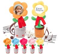 Bluetooth Personalised Singing Sunflower Toy with Custom Face - Dancing Flower with Scarf - Interactive Plush with Voice Recording Christmas Birthday Gift (Yellow)