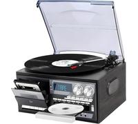 Bluetooth Record Player with CD & Cassette, Built-in Speakers | 33/45/78 RPM Speeds, AM/FM Radio, Wooden Finish, Dust Cover Included, Front-Loading CD Slot