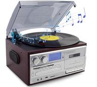 Bluetooth Record Player with CD Player, AM/FM Radio, and 3-Speed Turntable for Vinyl Records, Built-in Speakers for Classic Music Listening