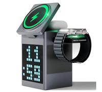 Bluetooth Speaker 6 in 1 Wireless Charging Station with Alarm Clock/Pixel Display, 360° Rotation Magnetic Wireless Charger Stand for IOS/Android Phone Watch Earbuds