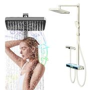 Bluetooth Thermostatic Shower System - Piano Key Control LED Music Shower Set with Rainfall Head, Handheld Spray & Waterfall Mixer,Thermostatic Shower Kit with 4000mAh Battery/Storage,Beige