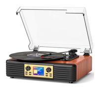 Bluetooth Turntable with Built-in Speakers, USB to PC Recording, 3-Speed Belt Drive, Vintage Turntable with AUX/RCA Output, Brown Wood Grain Retro Vinyl Player for Home