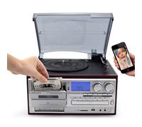 Bluetooth Turntable with Stereo Speakers, LP to MP3 Converter, CD, Cassette and Radio Functionality, Includes Remote Control for Home Entertainment