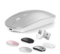 Bluetooth Wireless Mouse for MacBook Air Mac Pro Laptop Computer iPad Pad PC Optical Rechargeable Silent Mouse with Dual Mode Switch Mouse Bluetooth 5.2/3.0 and 2.4GHz USB Type-C Receiver (Silvery)