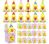 Blueweenly 24 Set Birthday Mini Plush Ducks with Gift Boxes Little Stuffed Animal Bulk with Hats and Keychain for Birthday Party Favors Reward Gifts Goodie Bag Stuffers