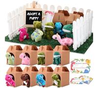 Blueweenly 84 Pcs Adopt a Pet Party Favors 24 Mini Plush Stuffed Animals 10 White Plastic Fence 24 Paper Gift Boxes 24 Adoption Cards with Mini Chalkboard and Artificial Lawn (Dinosaur)
