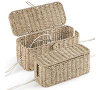 BLUEWEST 2-Pack Large & Small Cable Management Box, Natural Rattan Cord Organizer, Power Strip Hider, TV Wires, Computer, Router, USB Hub, Under Desk, Beige, 15"L x 6.1"W