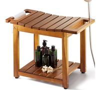 BLUEWEST Shower Bench Seat with Storage Shelf, Natural Wood Shower Benches for Inside Shower to Sit on, Waterproof Bathroom Spa Bench Stool for Legs Shaving with Built-in Handle & Shower Head Holder