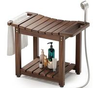 BLUEWEST Shower Bench Seat with Storage Shelf, Natural Wood Shower Benches for Inside Shower to Sit on, Waterproof Bathroom Spa Bench Stool for Legs Shaving with Built-in Handle & Shower Head Holder
