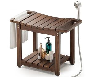 BLUEWEST Shower Bench Seat with Storage Shelf, Natural Wood Shower Benches for Inside Shower to Sit on, Waterproof Bathroom Spa Bench Stool for Legs Shaving with Built-in Handle & Shower Head Holder