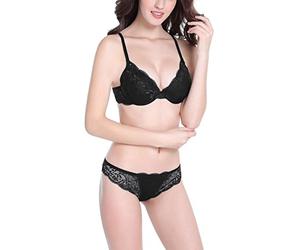 Bluewhalebaby Sexy Push Up Add 1 Cup Bras Set Transparent Underwear Lingerie Lace Bra & Matching Knicker for Women Black UK Size 34B = Asian Tag Size 36B