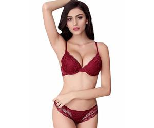 Bluewhalebaby Sexy Push Up Bras Set Transparent Underwear Lingerie Lace Bra & Matching Knicker for Women Wine Red UK Size 32A = Asian Tag Size 34A