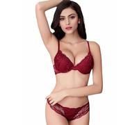 Bluewhalebaby Sexy Push Up Bras Set Transparent Underwear Lingerie Lace Bralette Underwired Bra & Matching Knicker for Women Wine Red UK Size 36C = Asian Tag Size 38C