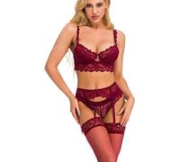 Bluewhalebaby Women's Push Up Embroidered Lace Bras Set Sexy Lingerie Bra and Knickers with Garter Suspender Belt & High Heel Stocking Socks 4 PCS/Set Wine Red 32C