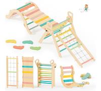 BlueWood 10-in-1 Pikler Triangle Set, Toddler Climbing Toys Indoor, Montessori Climber, Baby Jungle Gyms with Arch, Extra Rope Ladder & Footprint Balance Beam - Rose Garden