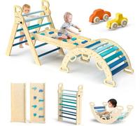BlueWood Baby Triangle Set 7in1 Foldable Climbing Frame Wooden Toys with Arch&Ramp&Ladder Climber Indoor Jungle Gyms for Toddlers - Sky Blue