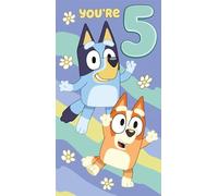 Bluey 5th Birthday Card, Kids Cartoon Design with Bluey and Bingo Characters