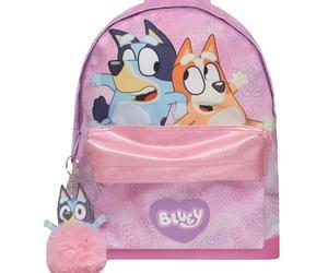 Bluey & Bingo Pink Backpack - Nursery & School Bag with Glitter Trim Front Pocket, Water Bottle Holder & Pom Pom Keyring - Official Girls & Boys Rucksack, Ages 3+