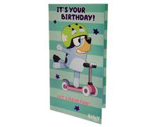 Bluey Birthday Card - Official Licensed Merchandise, Gloss Finish, Bluey, Bingo & Dad on Green Stripe, Includes White Envelope