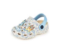 Bluey Boys Clogs | Kids Slip On Footwear with Puppy Novelty Charms in Tan & Blue | All Over Print Indoor & Outdoor Sandals Sliders with Adjustable Strap | TV Series Character Merchandise Gift