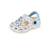 Bluey Boys Clogs | Kids Slip On Footwear with Puppy Novelty Charms in Tan & Blue | All Over Print Indoor & Outdoor Sandals Sliders with Adjustable Strap | TV Series Character Merchandise Gift