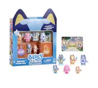 Bluey Fuzzies Deluxe 8 Figure Pack, 6 Mini-Figures + 2 Surprise Figures | 6 flocked mini figures + 2 surprise figures for collecting, trading card, and collector's guide, 80 to collect in series 1!