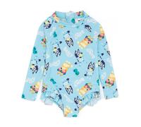 Bluey Girls Swimsuit | Baby Toddlers Blue Bingo Logo All Over Print Swimming Costume | Long Sleeve with Frill Hem