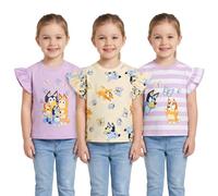 Bluey Girls 3-Pack T-Shirts | Frilly Short Sleeve Tees | 100% Cotton Tees| Ages 18 Months to 8 Years