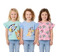 Bluey Girls 3-Pack T-Shirts | Frilly Short Sleeve Tees | 100% Cotton Tees| Ages 18 Months to 8 Years