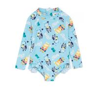 Bluey Girls Swimsuit | Childrens All in One Beachwear Swimming Costume | Blue Bingo Logo All Over Print Swimwear Bodysuit | Long Sleeve with Frill Hem Cute Merchandise Gift for Kids & Toddlers