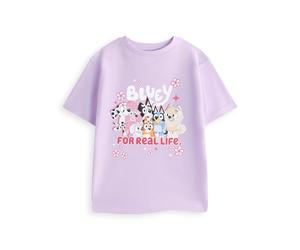 Bluey Girls Lavender Purple Graphic Tee | Short Sleeve Top with Bingo Muffin Mac Socks Cartoon Print | Crew Neck T-Shirt with Floral & Star Details | Kids Character Merch