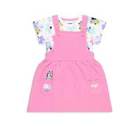 Bluey Girls Pinafore Dress & T-Shirt Set | Pink Dress with Pockets | White T-Shirt with All-Over Print | Adjustable Straps | Soft Cotton (2-3)